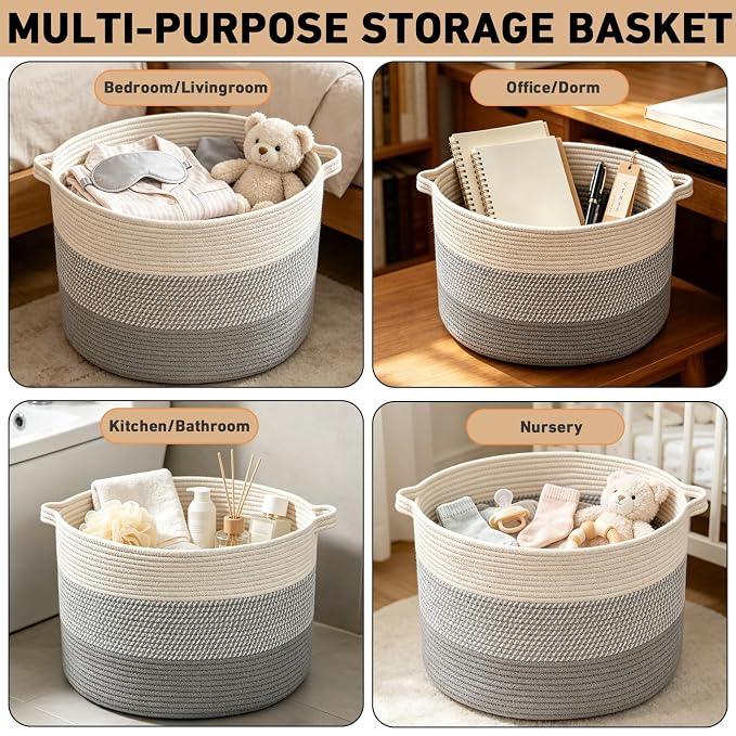 115L Extra Large Blanket Basket,Woven Rope Laundry Basket-Grey | Collapsible, reinforced handles, nursery storage bin organizes clothes, toys and pillows for living room, bedroom bathroom