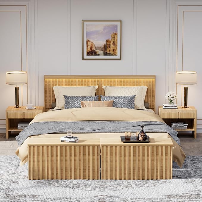 Storage Bench Set of 2, 39.4" Wood Box, Storage Trunk with 2 Safety Hinges, Ottoman Storage Chest Set of 2, Fluted Storage Bench for Bedroom, Shoe Bench for Bedroom, Living Room (Natural Wood)
