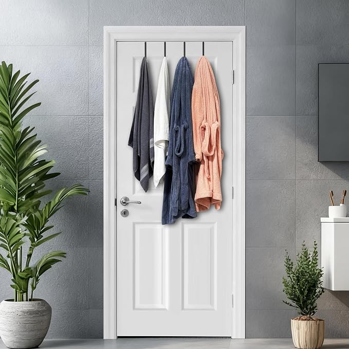 Single Over Door Steel Hooks 4 Pack Fit 1-3/8" Door 5.5" Black | Plastic Coated Rubber Feel Towel Rack Robe Coat Shoe Wreath Hanger No Damage No Scratch for Bathroom Heavy Duty Thin Top