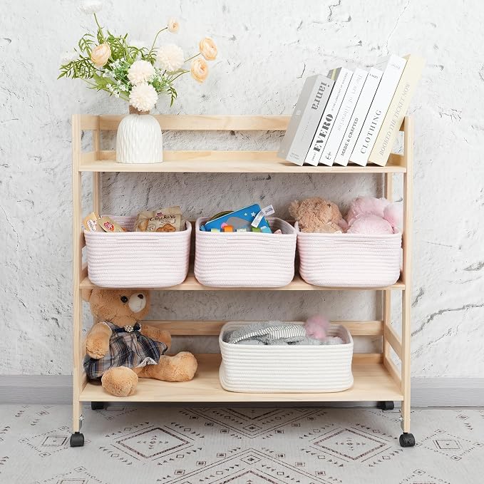 XUANGUO Small Woven Storage Baskets for Shelves, 13" x 9" x 5", Pink | Decorative rope storage bins for closets and toy storage; cute organizer baskets, empty gift baskets and nursery storage.