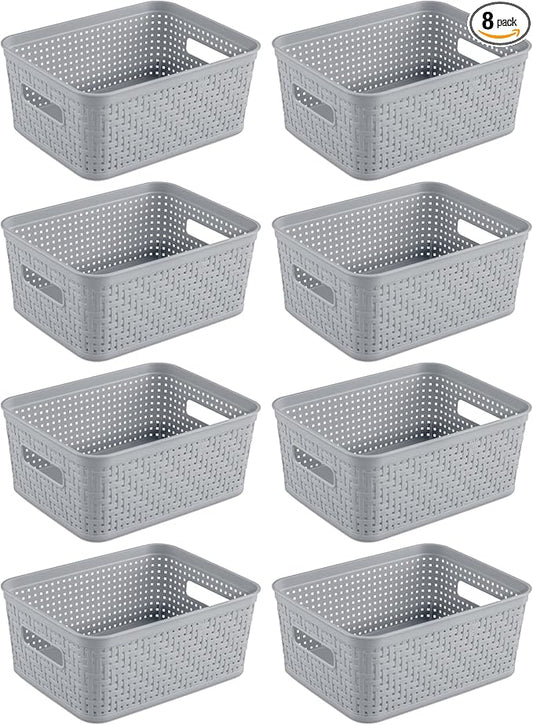 Sterilite 8 Pack Plastic Storage Bin Organization Containers, Small Baskets, Cement