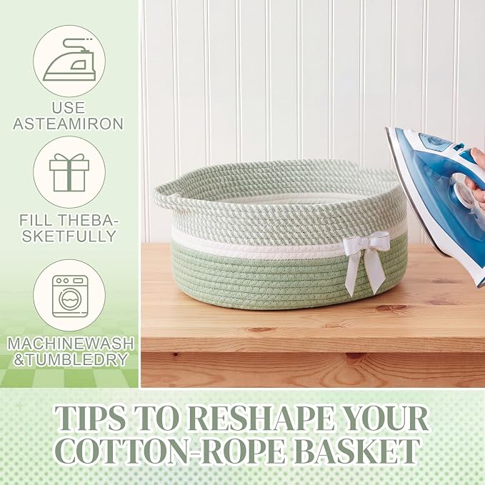 Colingmill 1 Set Woven Empty Basket for Gift,Sage Green White | with Cellophane Wrap Set, 14 x 10 x 5.5 Inch, Medium Decorative Gift Basket, Cotton Rope Storage Box, Home Decor