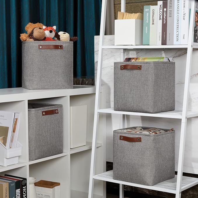 DULLEMELO 11 inch Cube Stroage Bins 4 Pack Small Grey Square Storage Baskets Cube Organizer, Linen Closet Organizers and Storage Baskets for Shelves Bedroom Storage
