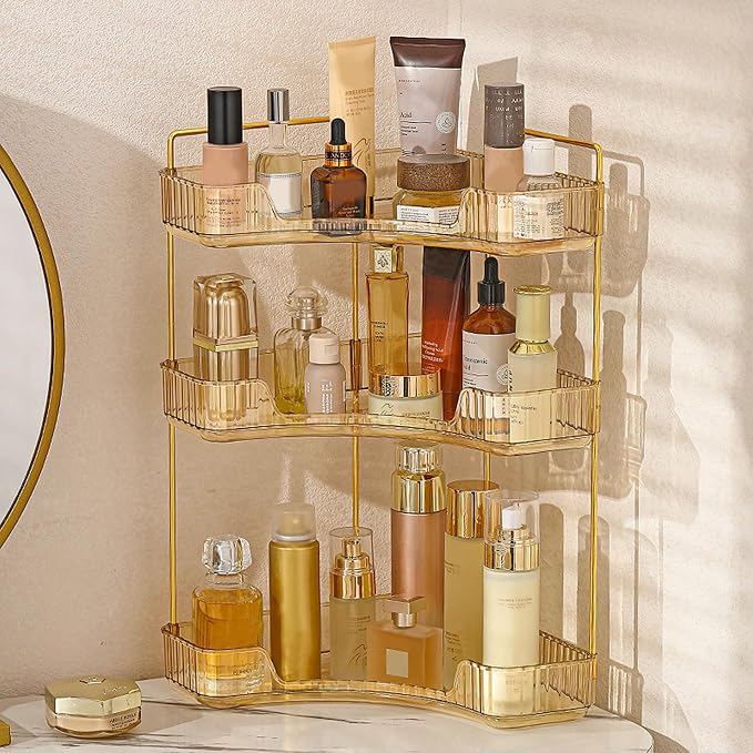 Aveniee Corner Bathroom Counter Organizer, Bathroom Countertop Shelf Makeup Organizer for Vanity Perfume Tray for Corner Storage (3 Tiers, Gold)