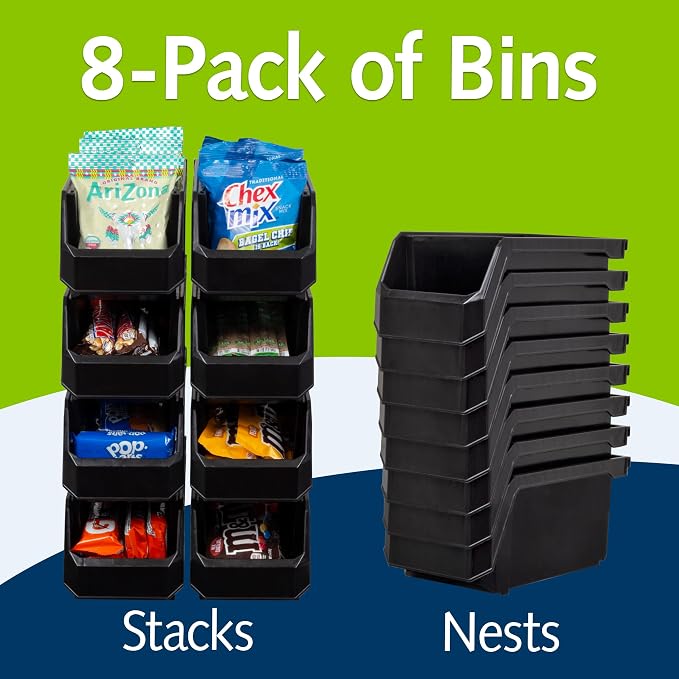 ReadySpace Medium Stackable Plastic Storage Bins, 8-Pack, Black | Open-Front Stackable Bins For Garage, Pantry, Closet & Office, 11"L X 5,5"W X 5"H, Nests When Empty, Durable Plastic,