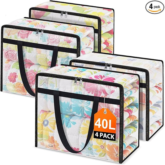 4 Packs 40L Clear Under Bed Storage Containers, Large Clothes Storage Bags | Heavy Duty Large Capacity Foldable Moving Bags with Sturdy Handles, Clothing Organizer Totes for Bedding Comforter Sheet