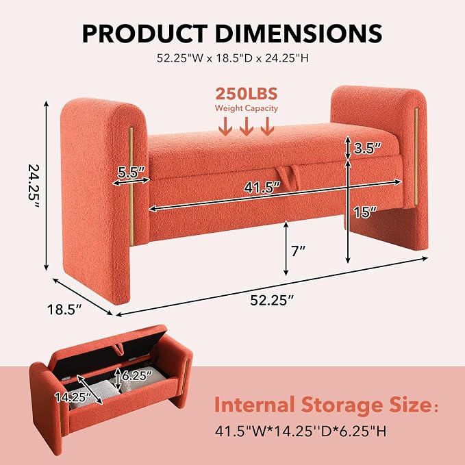 NIOIIKIT 52" Storage Ottoman Bench, Teddy Upholstered Storage Bench with Armrest, Entryway Bench with Pull-Ring, End of Bed Bench, Window Bench for Living Room (Orange)
