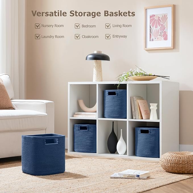 UBBCARE Set of 4 Storage Bins - 13 X 13 X 13 In, Cotton Rope Bins for Shelves, Toys, Books, Cube Storage with Handles, Woven Basket for Organizing, Navy Blue