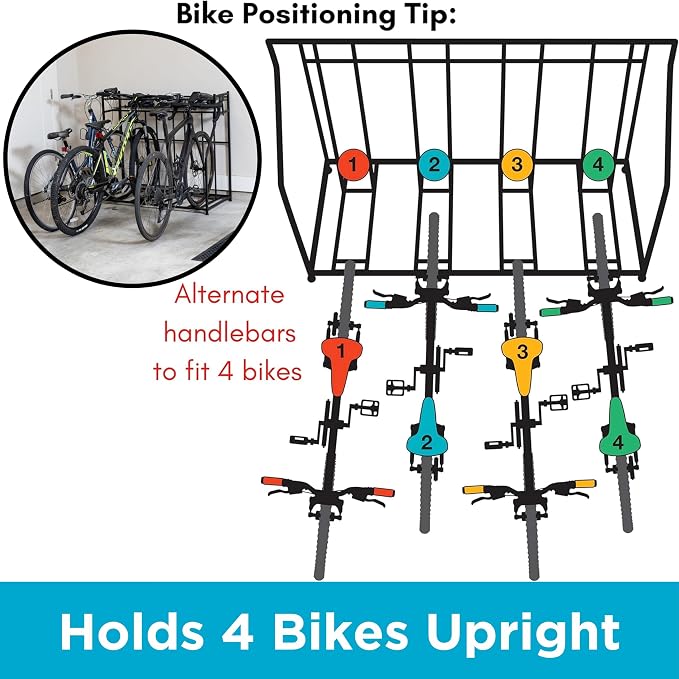 BIRDROCK HOME Bike Rack Garage Storage Floor Stand - Freestanding Organizer for Outdoor Yard - Upright Wall Mount for Scooters, Rakes, Motorcycles, Hoverboards, Gloves - Holds 4 Bicycle - Black