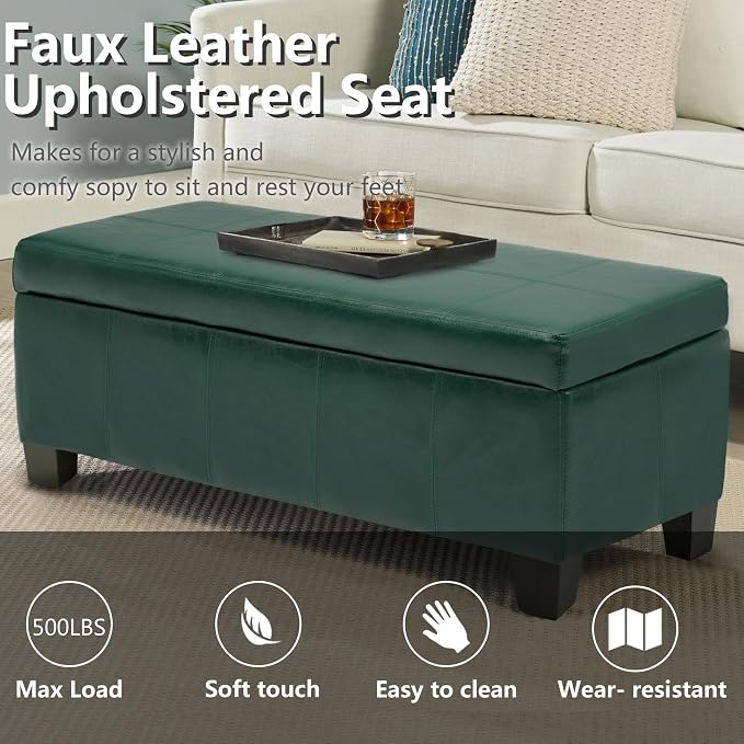 51 Inch Storage Ottoman, Storage Bench with Safety Hinge, Upholstered Synthetic Leather Ottoman Bench for Bedroom, Living Room, Entryway, Hallway, Foot Rest, Support 500lbs