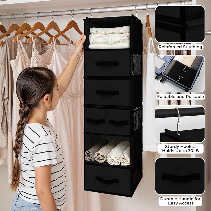 GRANNY SAYS Hanging Closet Organizer 6 Shelves, Closet Organization and Storage with 5 Different Drawers, 6 Side Pockets Wardrobe Clothes Organizer for Closet, Black, 1-Pack