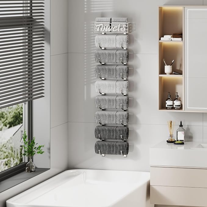 SWTYMIKI Hanging Towel Racks for Bathroom - 9 Tier Over the Door & Wall Mounted Bath Rolled Towel Storage Organizer Holder for Small Bathroom, RV, Camper (Polished Nickel, 9-Tier)