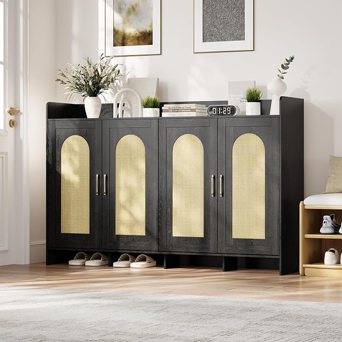 Garvee Shoe Cabinet Storage for Entryway, Rattan Shoe Rack with 4 Doors | Farmhouse Boho Wood Shoe Organizer Cabinet for Entrance Hallway Living Room Foyer