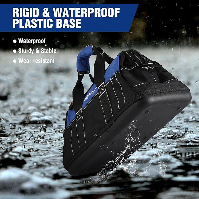 WORKPRO 16-inch Wide Mouth Tool Bag with Water Proof Molded Base | Multi-Pocket, Heavy Duty Cloth, Adjustable Shoulder Strap, Double-pull Zipper, For Workshops, Outdoor Projects