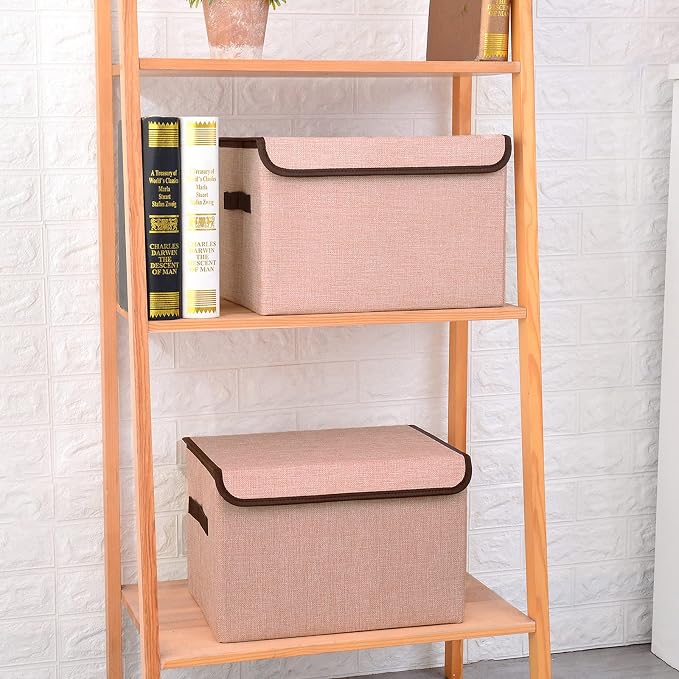 Bagnizer Linen Fabric Foldable Storage Cube Bin Organizer Basket with Flip-Top Lid & Handles, Large Clothes Blanket Box for Home, Office, Closet, Gray & Pink, 4 Pack 14.6 x 9.5 x 9.5”