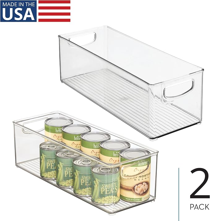 iDesign Plastic Stackable Pantry Bin with Handles, Set of 2, Clear | For Kitchen Cabinets or Fridge, Made in USA