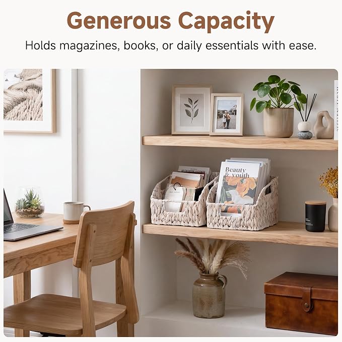 StorageWorks Pantry Baskets for Organizing, Wicker Baskets with Handles, Woven Baskets for Pantry Storage, Water Hyacinth Storage Basket for Shelves, White, 2-Pack
