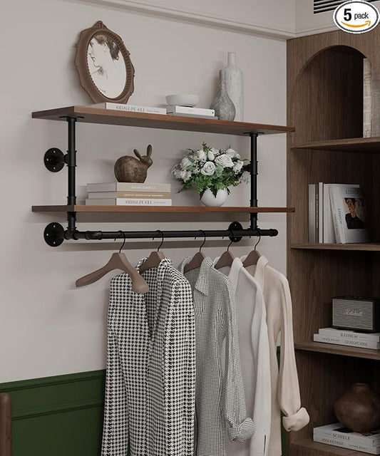 Clothes Rack 36in, Wall Mounted Garment Rack with Real Walnut Wood Shelf, Heavy Duty Hanging Clothes Rack, Multi-Purpose Hanging Rod, Space-Saving Closet Storage