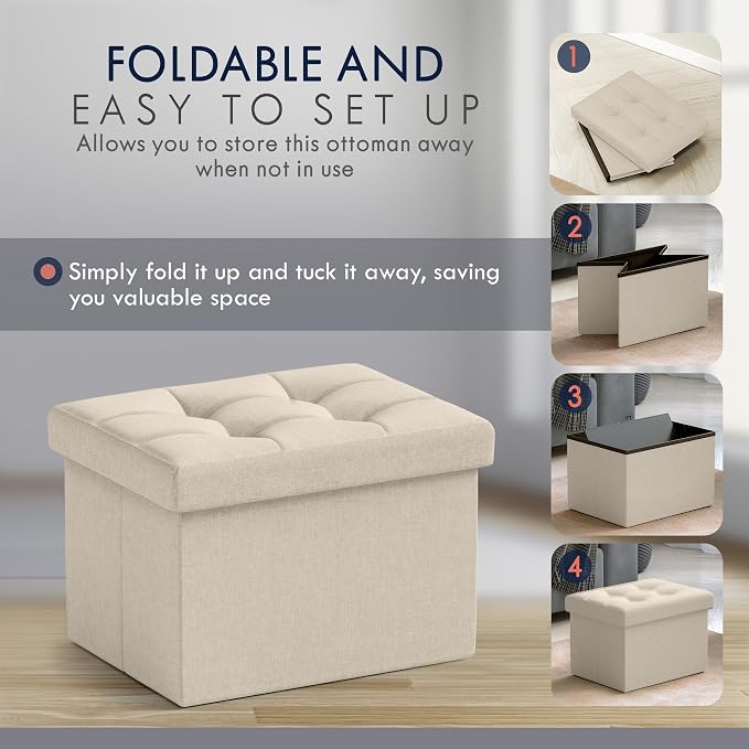 Ornavo Home Small Rectangle Ottoman Set of 2, Linen, 12x16x12, Beige | Storage Collapsible Design; Foot Rest Stool Seat; Ideal for Living Room, Bedroom, Home Office or Dorm
