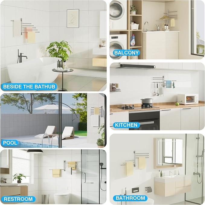 Alise Swivel Towel Rack 13.9", 6 Arm Swing Out Towel Bar, Brushed Nickel | Space Saving Swing Arm Towel Rack for Bathroom Kitchen, 180° Rotating, SUS304 Stainless Steel