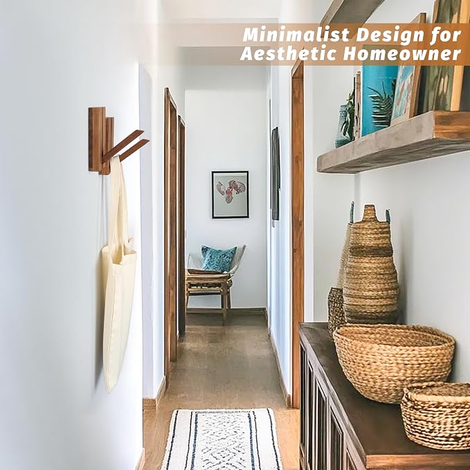 Wood Wall Hooks for Bathroom | 2Pack Foldable Coat Hooks for Rustic Hanging Towels Bags Coats, Space Saving Minimalist Design for Aesthetic Homeowner