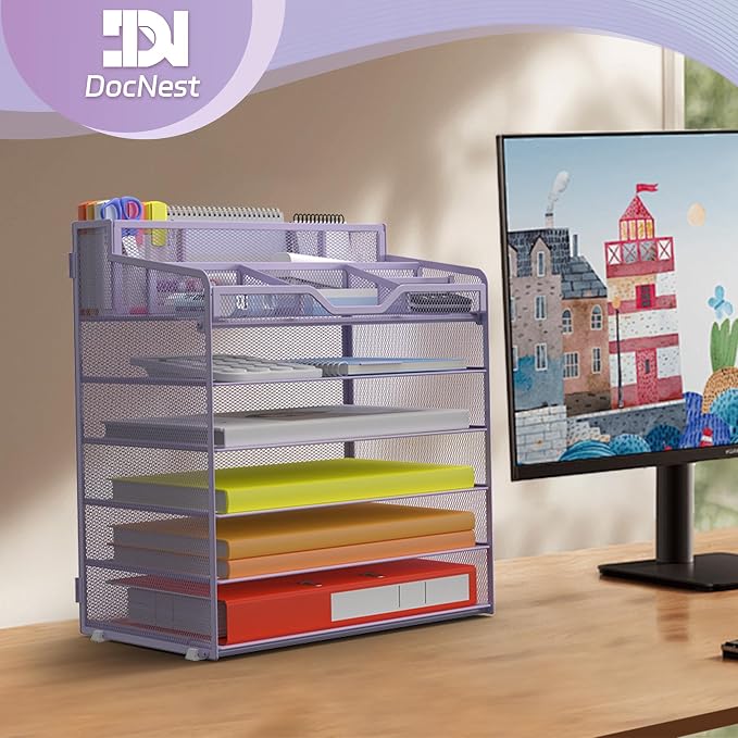 Docnest 6 Tier Mesh Desk Organizer with Letter Tray & Paper Sorter, Purple | Features 3 built-in pen holders & 5 adjustable compartments on top. Includes 4 non-slip rubber feet for desk protection