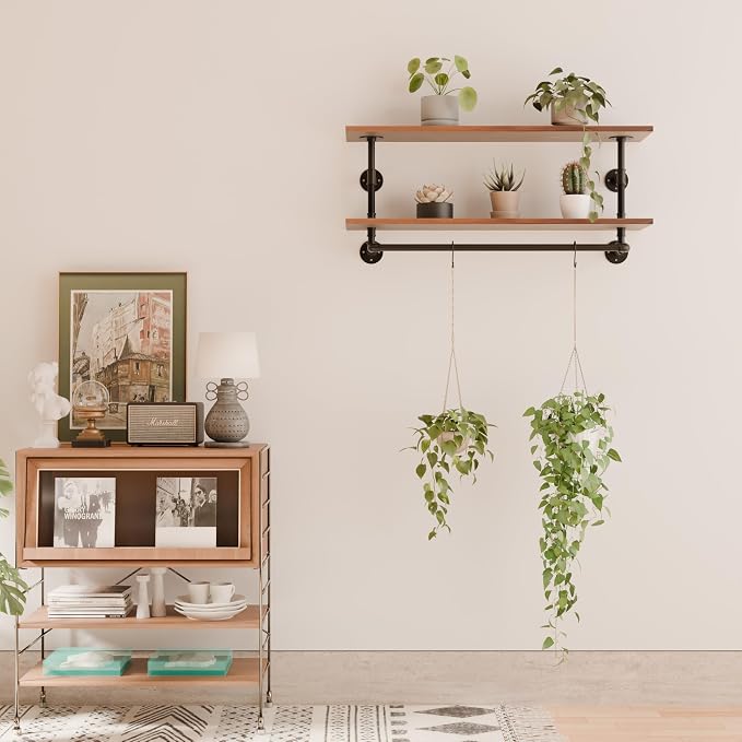 Clothes Rack 36in, Wall Mounted Garment Rack with Real Walnut Wood Shelf, Heavy Duty Hanging Clothes Rack, Multi-Purpose Hanging Rod, Space-Saving Closet Storage