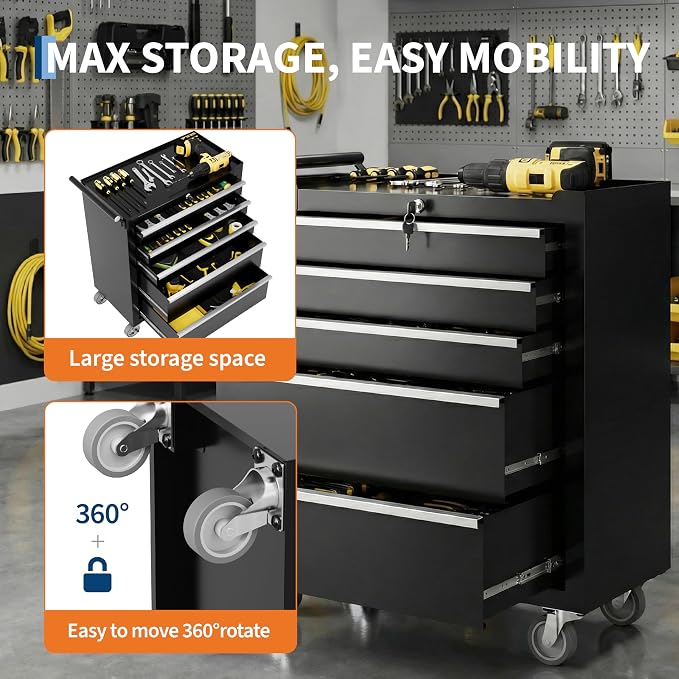 Garvee Rolling Tool Chest, 5 Drawers Tool Storage Cabinet, Toolbox with Wheels, Portable Tool Cabinet Organizer with Locking System & Drawer Liners, Tool Storage Cart for Garage, Workshop, Black