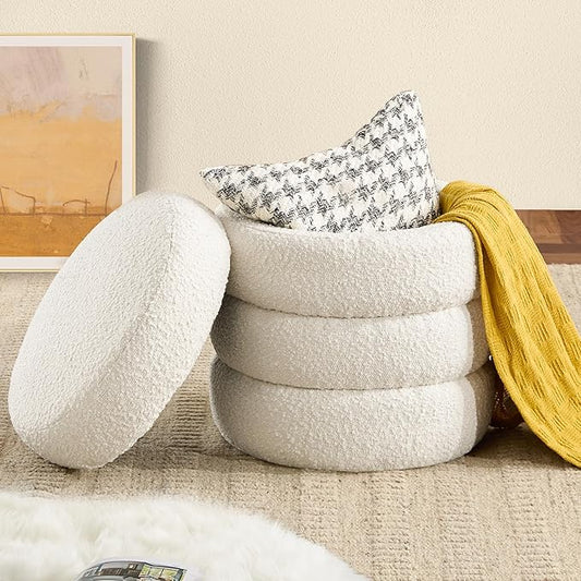 Busaurus Round Ottoman with Storage for Living Room Small Boucle Foot Stool Modern Upholstered Vanity Stool Ottoman Foot Rest for Dorm Corner Home Decor, Set of 1 (White)
