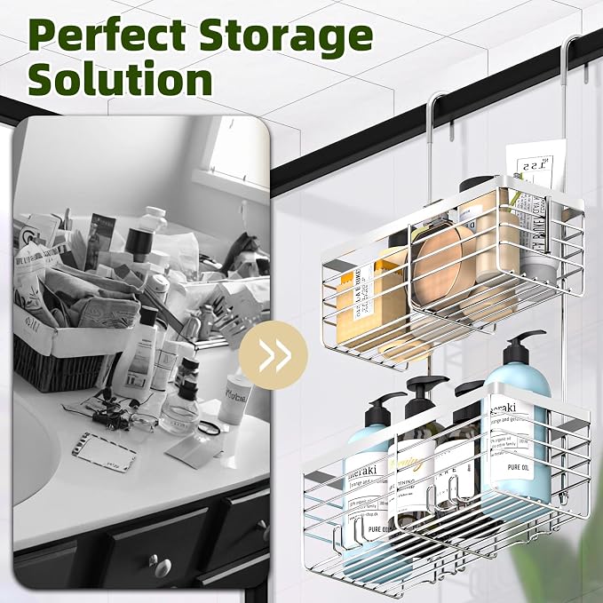YUOROS 2 Tier Shower Caddy Hanging Over the Door (Silver) | Shower Organizer Rack 304 Stainless Steel Rustproof Bathroom Storage Shampoo Holder Basket