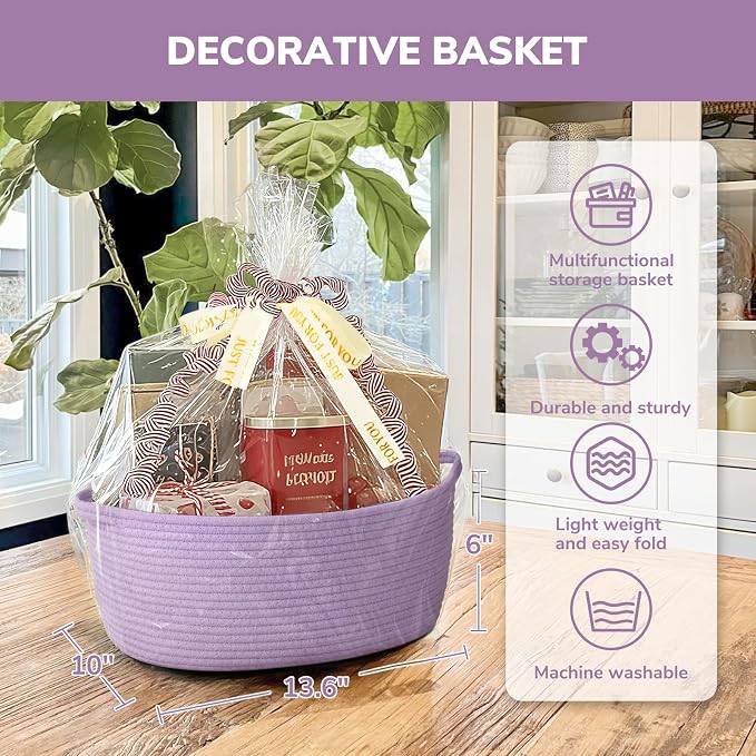 CHICVITA Large Gift Basket Empty with Bags & Ribbon for Baby Shower, Purple | 13.6"x 10" x 6" Woven Gift Basket Empty to Fill for Holiday, Rope Baskets for Organizing, Birthday Basket, Dog Toy Basket