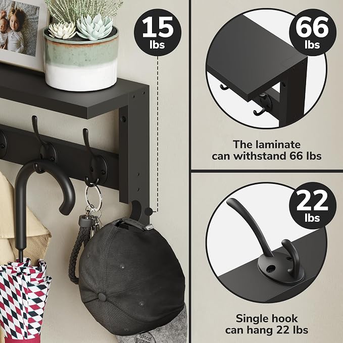 AMBIRD Coat Rack Wall Mount with Shelf, 17.1 Inches Coat Hooks Wall Mounted, Hat Wall Hooks for Hanging in Entryway, Living Room, Bathroom, Bedroom (Black)
