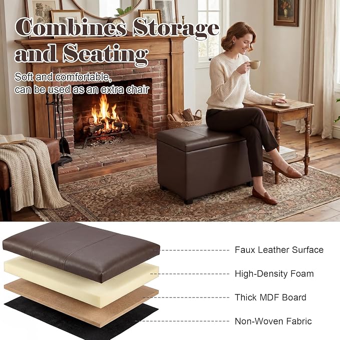 24" Leather Storage Ottoman Bench, Rectangle Foot Rest Stool for Living Room, Bedroom, Entryway, Brown