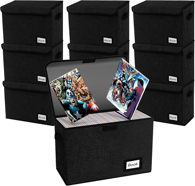 10 Pack Comic Book Storage Box 15.8" X 7.8" X 11.8", Collapsible Holds 160-180 Comic Book Organizer Heavy Duty Bin Container Holder Shelf (Black)