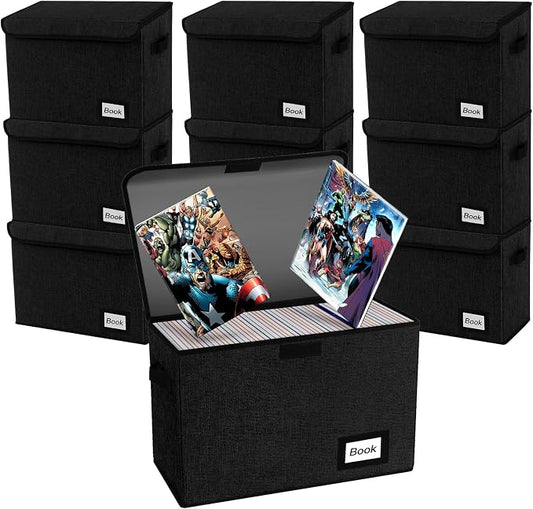 10 Pack Comic Book Storage Box 15.8" X 7.8" X 11.8", Collapsible Holds 160-180 Comic Book Organizer Heavy Duty Bin Container Holder Shelf (Black)