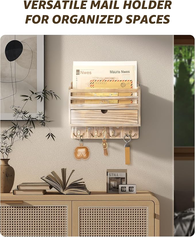Rebee Vision Farmhouse Mail Organizer Wall Mount for Entryway, Natural Wood | Key and Mail Holder for Wall, 7 Key Hooks, Drawer Organizer, Mail Sorter, Key Hanger, Apartment Essentials, Home Decor