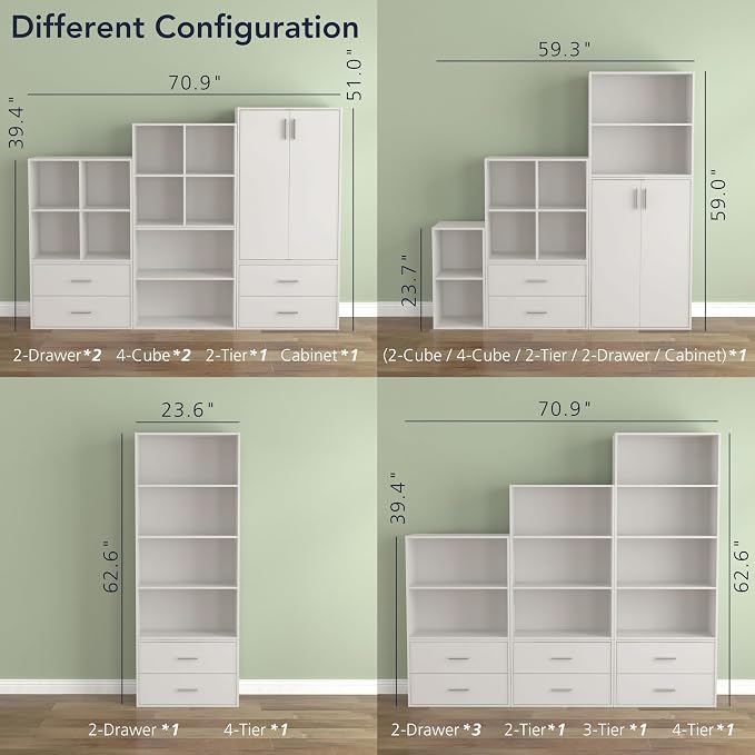 Homes: Inside + Out Apexa 4-Cube Storage Organizer Shelves, Stackable Wood Bookcase Fits Cubby Bins for Organization, Dorm Teen Room Decor & Home Office, White