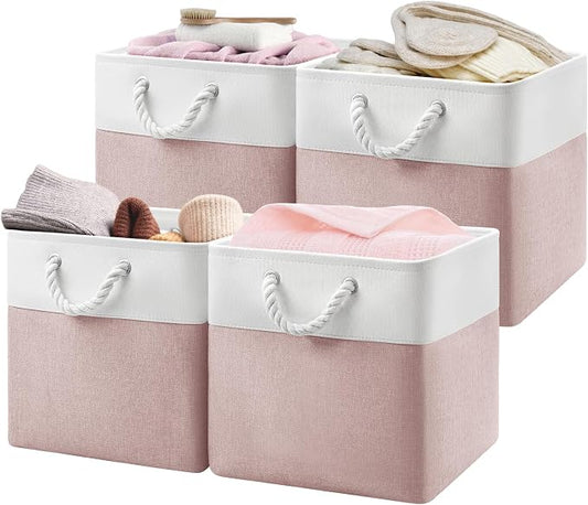 Patvingot 13-Inch Fabric Cube Storage Bins with Handles,4 Pack,Foldable | For cube shelves and closets,keeps grouped for everyday access,reinforced opening and fold-flat storage,white and pink