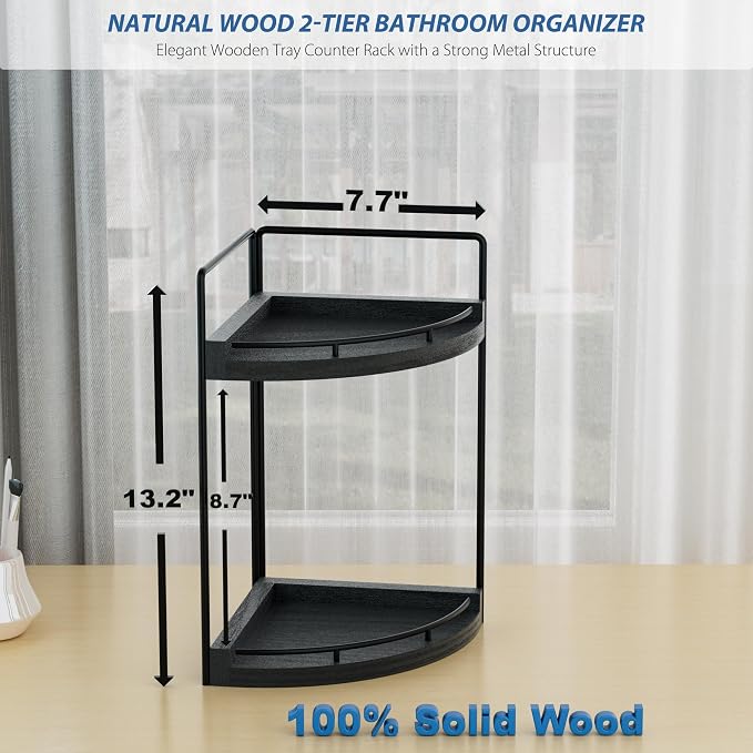 Corner Bathroom Counter Organizer, 2 Tier Wood Vanity Storage, Waterproof Skincare Shelf for Kitchen & Toiletries Decor, Dresser (Black-2 Tier)