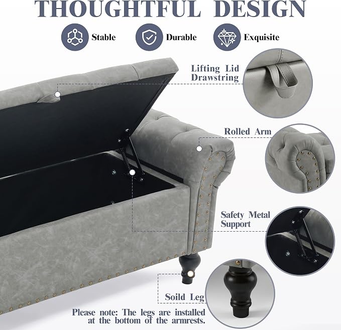 51" Storage Bench for Bedroom, Upholstered Ottoman Bench, Leather LightGray | End of Bed Bench for Bedroom, Window Benches for Living Room, Entryway, Ottoman with Large Storage Space, Pet Friendly