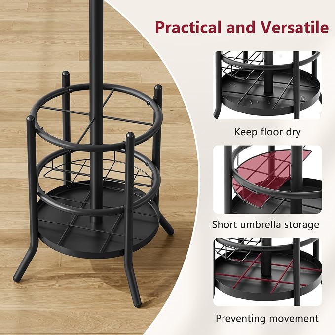 Tajsoon Coat Rack with Umbrella Holder, Coat Stand With 16 Hooks, Black | 2-In-1 Design, Coat Tree Freestanding, Durable & Stable, Space-Saving, For Living Room, Bedroom, Office