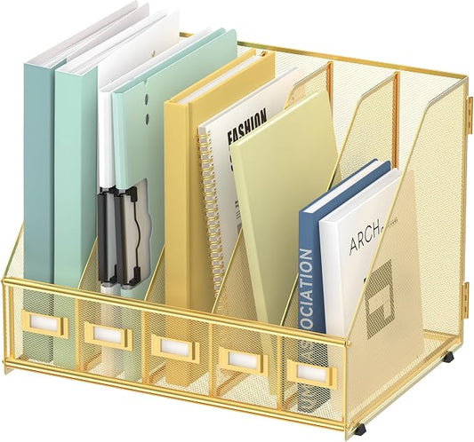 SUPEASY Desk Organizers Metal Desk Magazine File Holder with 5 Vertical Compartments Rack File Organizer for Office Desktop, Classroom, Home Workspace, Gold