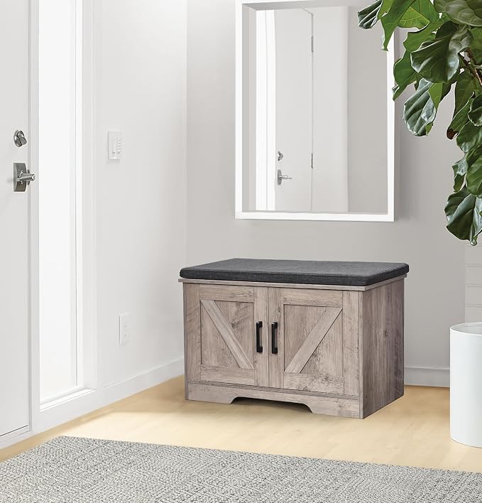 HOMSHO Farmhouse Shoe Storage Bench with 2 Barn Doors & Padded Seat Cushion | 27.6" Wide Entryway Bench with Adjustable Shelves & Hidden Storage, Greige
