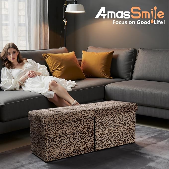 AmasSmile Footrest Ottoman Storage Bench, 34" Velvet Folding Stool,Leopard | Large Ottoman with Storage, Thicker Foam Padded Seat, Livingroom, Dorm, Bedroom, Entryway, Easy to install, 34 x 13 x 13in