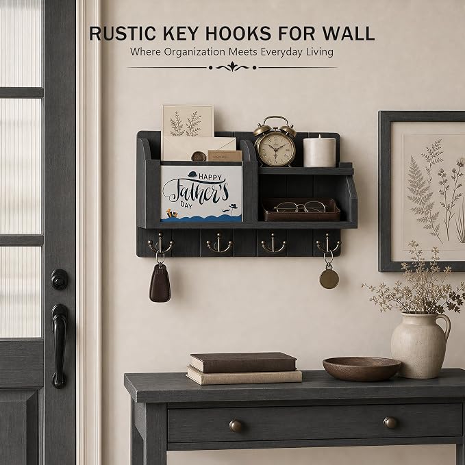Rebee Vision Key Holder Wall Mount with Chalkboard for Entryway, Black | Key Holder for Wall, 4 Key Hooks, Floating Shelf, Key Hanger, Mail Organizer, Storage for Letters, Notes, Stylish Home Decor
