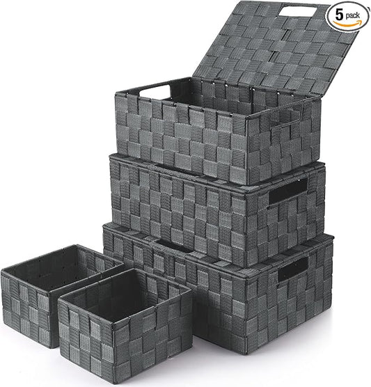 Storage Baskets with Lids: 5 Pack Stackable Woven Storage Bins, Grey | Decorative Woven Baskets for Organizing with Built-In Handles for Shelves, Closets, Cabinets and Cubbies, Gift Small Basket