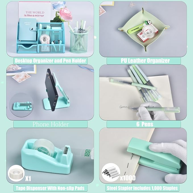 Green and Blue Desk Accessories, 26Pcs Office Supplies and Desk Organizers, with Tape Dispenser, Stapler, Staple Remover, Ect, Gift Box Packaging