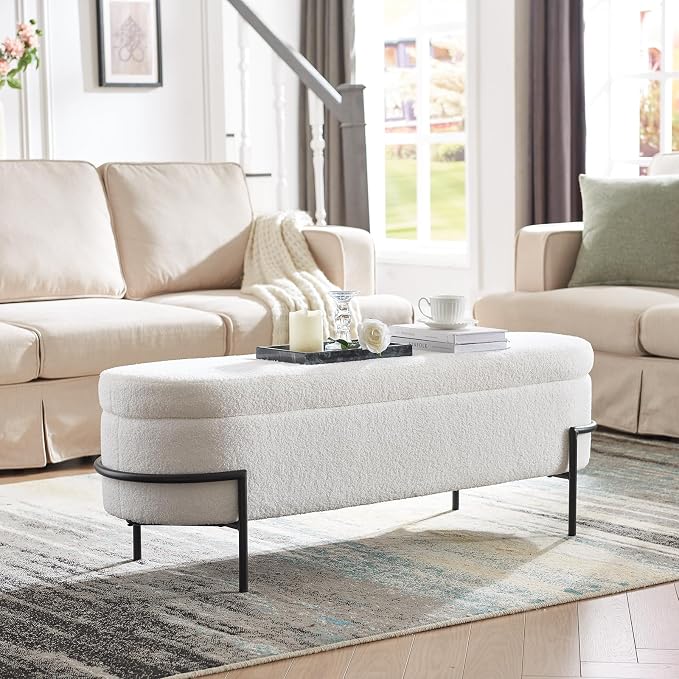FiveWillowise 52 Inch Sherpa Storage Ottoman Bench,End of Bed Bench | Upholstered Boucle Storage Bench with Storage,Metal Stand and Hinges,Oval Ottomans for Living Room,Bedroom,White
