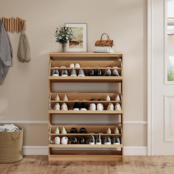 Shoe Cabinet with 3 Flip Drawers, 31.5" W Narrow Shoe Storage Cabinet for Entryway, Slim Shoe Organizer with Adjustable Shelves, Freestanding Shoe Rack for Hallway, Living Room, Oak