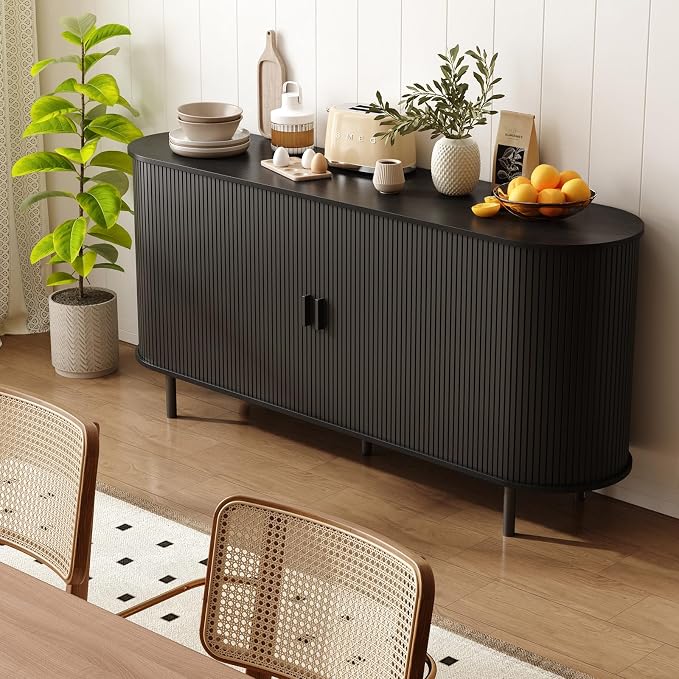 63" Sideboard Buffet Cabinet with Storage, Storage Cabinet with Sliding Door & Adjustable Shelf, Modern Accent Coffee Bar Console Table for Kitchen, Entryway, Black